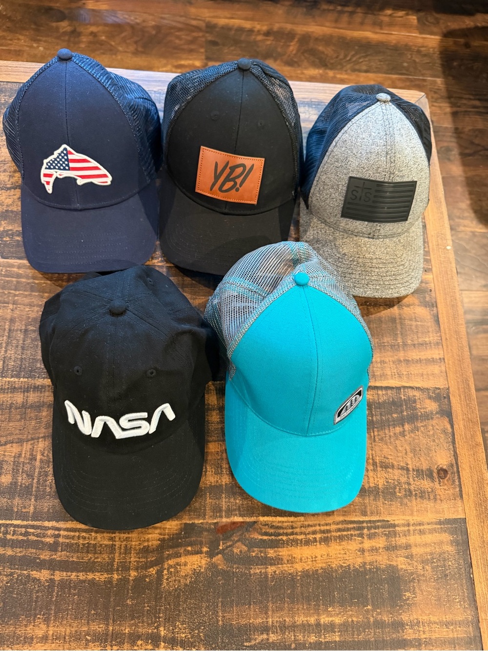 5 Hats-Simms Navy Mesh American Flag Fish, NASA, S&S Ranch Wear, YB, Magellan